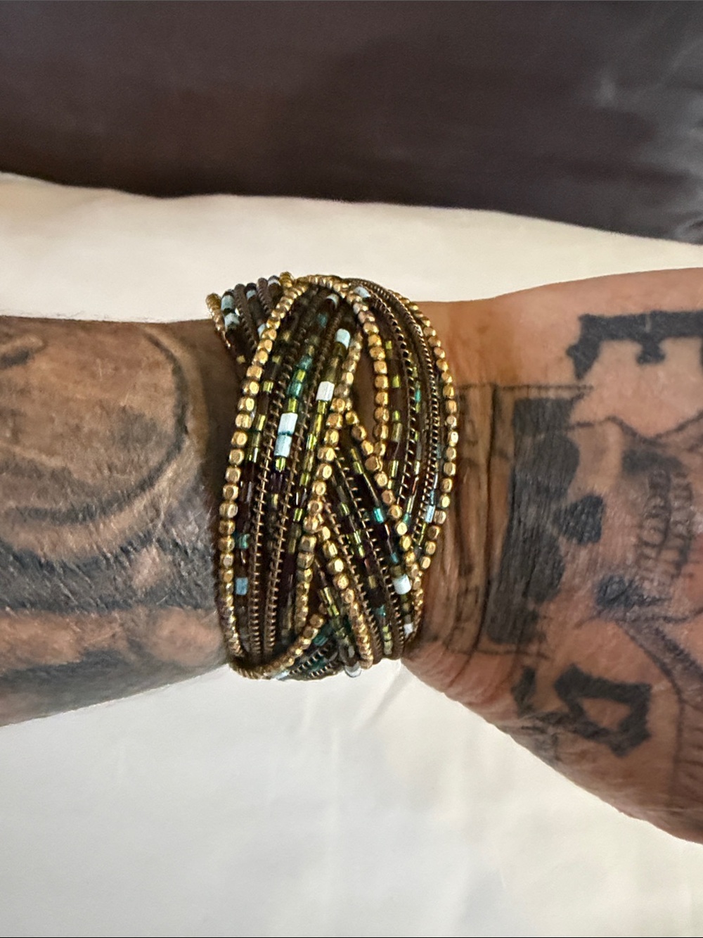 Hand Crafted Multi-Strand Beaded Crossover Cuff Bracelet in Gold Turquoise Blk